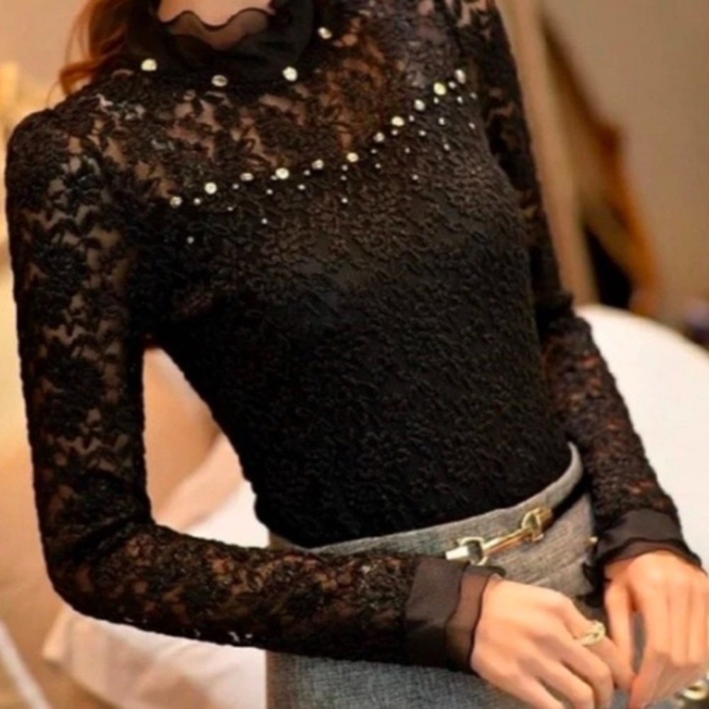 Kiuyafashion Black Lace Top w/Sheer Stand up collar & Rhinestone Details Size M - Picture 1 of 17